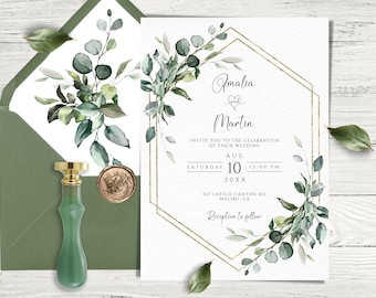 May include: A wedding invitation with a gold geometric frame and watercolor greenery. The invitation reads "Amalia and Martin" with the date "August 10, 20XX" and the time "12:00 PM".