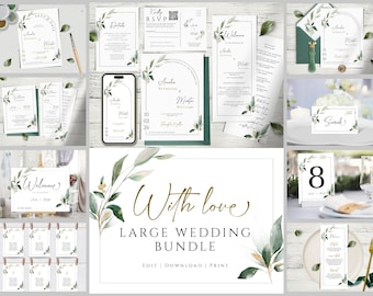 Wedding Invitation Template, Greenery Wedding Invites Mega Bundle, Elegant Invite Set DIY Editable & Printable