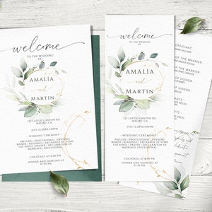 May include: A wedding invitation suite with a green and gold watercolor design. The invitation features the names Amalia and Martin, the date and time of the wedding, and the location. The program includes the order of events for the ceremony and reception.