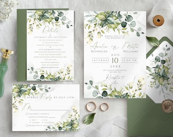 Eucalyptus Wedding Invitation Template Set: Greenery Editable and Printable Invites (Instant Download)