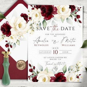 バーガンディと白の花柄の印刷可能な Save-the-Date ウェディング テンプレート、思い出に残る瞬間のためのエレガントでカスタマイズ可能なデジタル招待状、DIY。