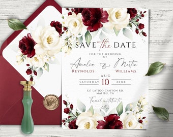 Burgundy Floral Save the Date Template: Elegant Wedding Invitation (Digital Download)