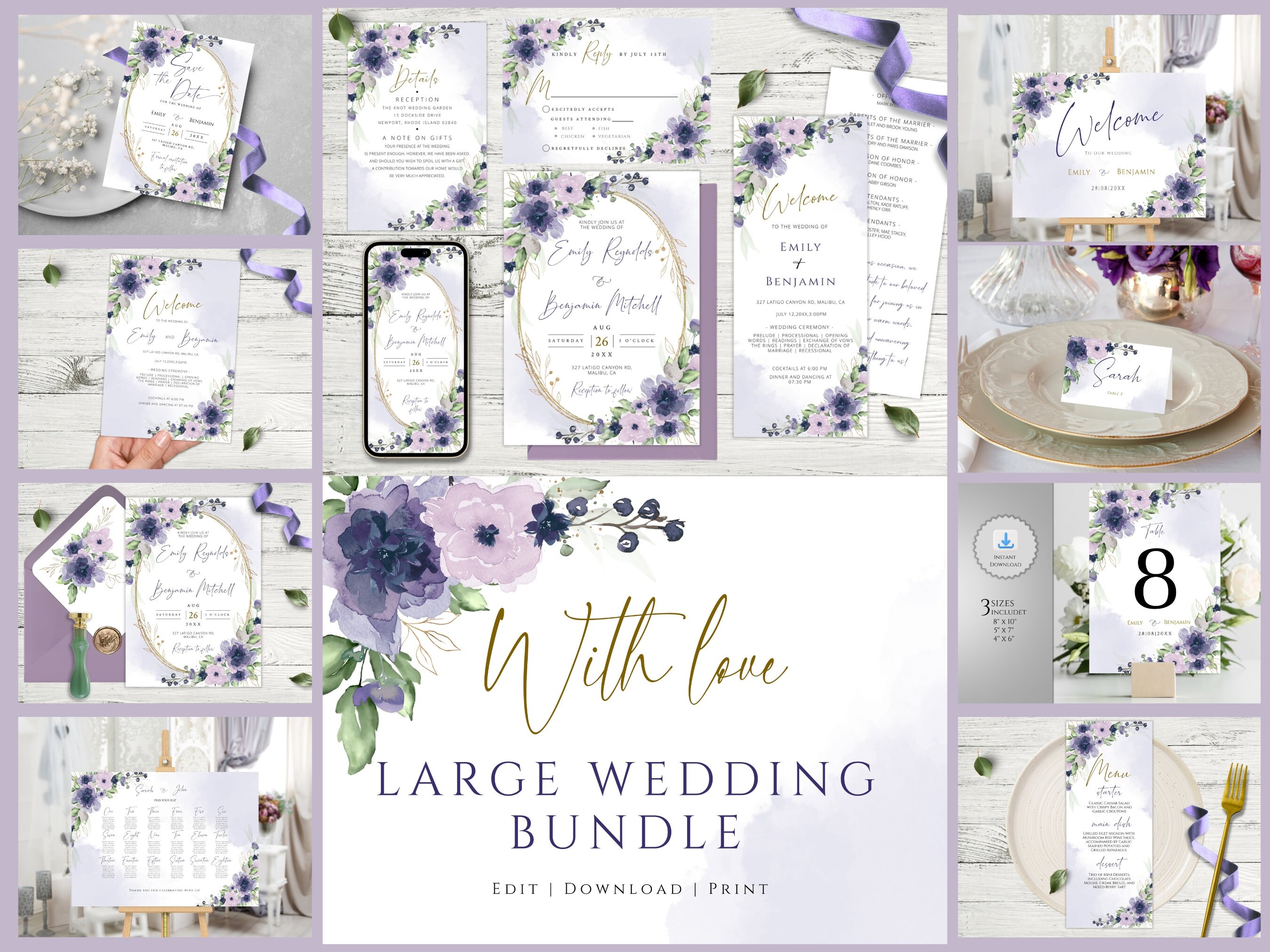 Dusty Purple Wedding Invitation Mega Bundle Template, LILAC Printable Wedding Invitation Set, Editable, Instant Download, Floral Violet DIY.