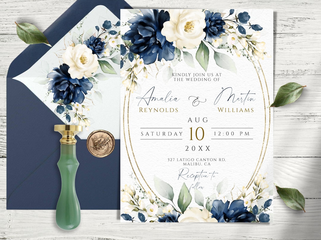 Navy and White Wedding Invitation Template for Print, Blue Navy and ...