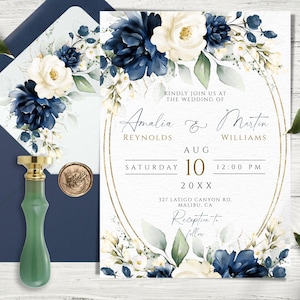 Plantilla de invitación de boda en blanco y azul marino para imprimir, invitaciones de boda florales en azul marino y blanco, invitación de boda imprimible, bricolaje editable