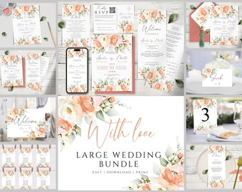 Peach Floral Wedding Invitation Mega Bundle, Editable & Printable Wedding Invites Set.