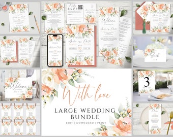 PEACH Elegance, Wedding Invitation Bundle Template, Wedding Invites Mega Bundle, Floral Peach Editable & Printable Wedding Invitation Set.