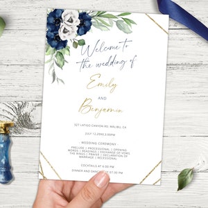 SERAPHIC Blue Navy Wedding Program Template, Editable and Printable Front & Back Ceremony Template, Customizable Program, Order Of Ceremony