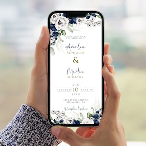Navy Floral Electronic Wedding Invitation Template (Digital Download)