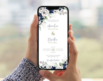 Navy Floral Electronic Wedding Invitation Template (Digital Download)
