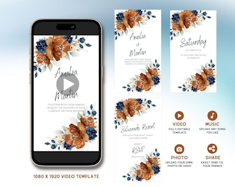 Burnt Orange Floral Wedding Video Invitation Template (Canva)