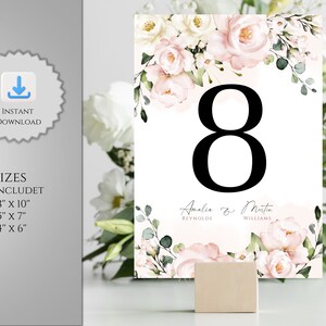 Modelo de número de mesa personalizável rosa macio, mesa para impressão rosa blush sem cartões para sua celebração especial, decoração de mesa de casamento DIY