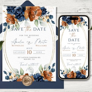 Mariage, réservez la date, orange brûlé et bleu marine, réservez la date pour téléphone et impression, modifiable et imprimable, terre cuite et bleu marine Evite