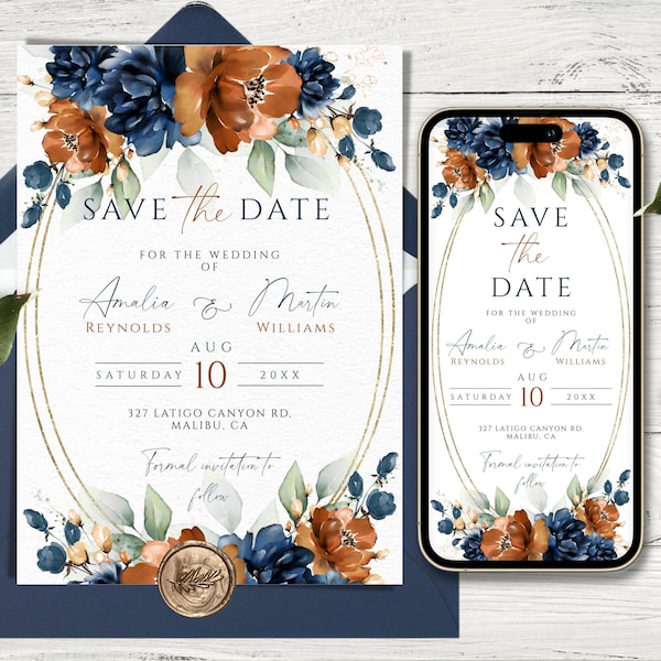 Wedding Save The Date Template, Burnt Orange and Navy Blue Save The Date For Phone And Print, Editable and Printable Terracotta & Navy Evite