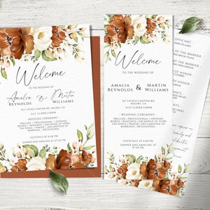 Terracotta Wedding Program Template, Rust Floral Wedding Program, Printable Burnt Orange Wedding Ceremony Template, Editable Order Of Event.
