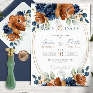 Faire gagner une date pour mariage, orange brûlé et bleu marine, modèle réservez la date, modifiable et imprimable faire part de mariage terre cuite et bleu marine.
