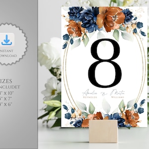 Modello numeri tavolo di nozze, numeri stampabili arancione bruciato e blu navy, partecipazioni di nozze modificabili, decorazioni per la tavola di nozze fai da te.
