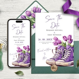 TulipAura salva la data modello, fiore viola salva la data, download digitale, tulipano moderno salva la data, modificabile salva la data modello