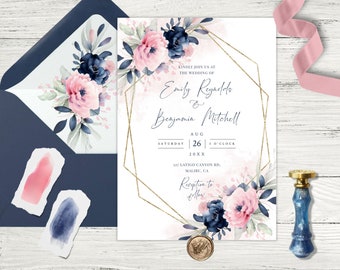 Blush Pink & Navy Wedding Invitation Template: Elegant Floral Design (DIY Printable)