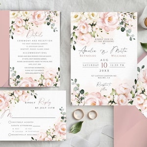 Set di modelli per inviti di nozze rosa tenue, set di modelli per inviti modificabili e stampabili fai da te, tema romantico rosa cipria per una celebrazione da sogno