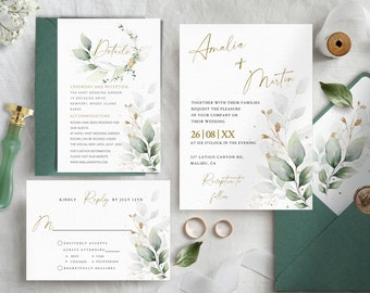 Greenery and Gold Wedding Invitation Set Template (DIY)