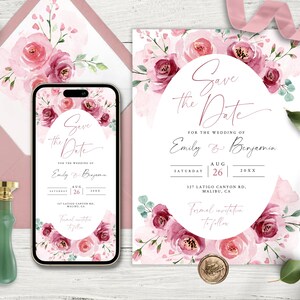 Dusty Pink Floral Wedding Save The Date Template (Digital Download)