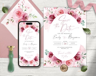 Dusty Pink Floral Wedding Save The Date Template (Digital Download)