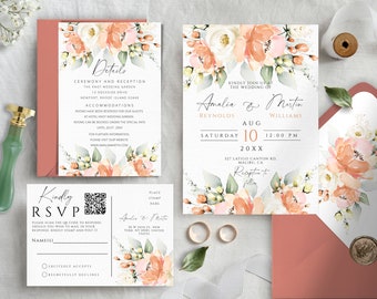 Peach Floral Wedding Invitation Template Set (DIY Editable and Printable)