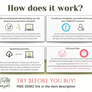 May include: How to use a digital printable template.  After purchasing, you will receive an access link to Templett, a website where you can edit your templates.  You can download your files in PDF or JPEG format.  Try before you buy with a free demo link in the item description.