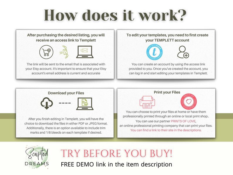May include: How to use a digital printable template.  After purchasing, you will receive an access link to Templett, a website where you can edit your templates.  You can download your files in PDF or JPEG format.  Try before you buy with a free demo link in the item description.