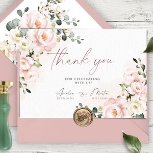 Zarte rosa Dankbarkeit, bearbeitbare Blush Pink Hochzeit Dankeschön-Kartenvorlage, druckbare Blumen-Anerkennungs-Karten-Download für Ihren besonderen Tag.