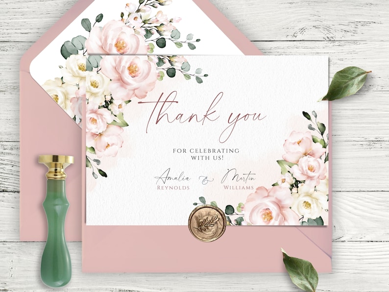 Blush Pink Floral Wedding Thank You Card Template (digital Download) - Etsy