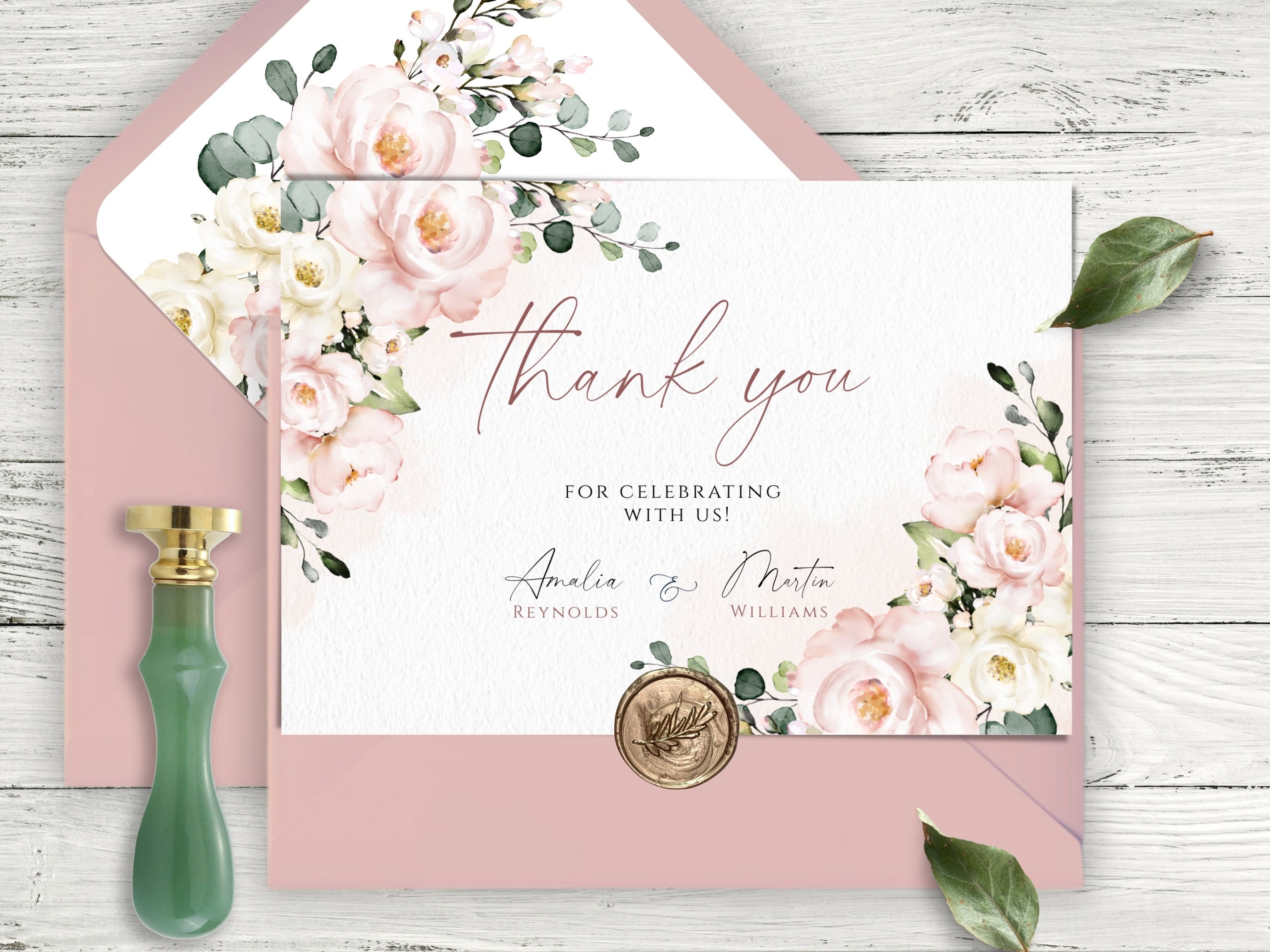 Blush Pink Floral Wedding Thank You Card Template (digital Download) - Etsy