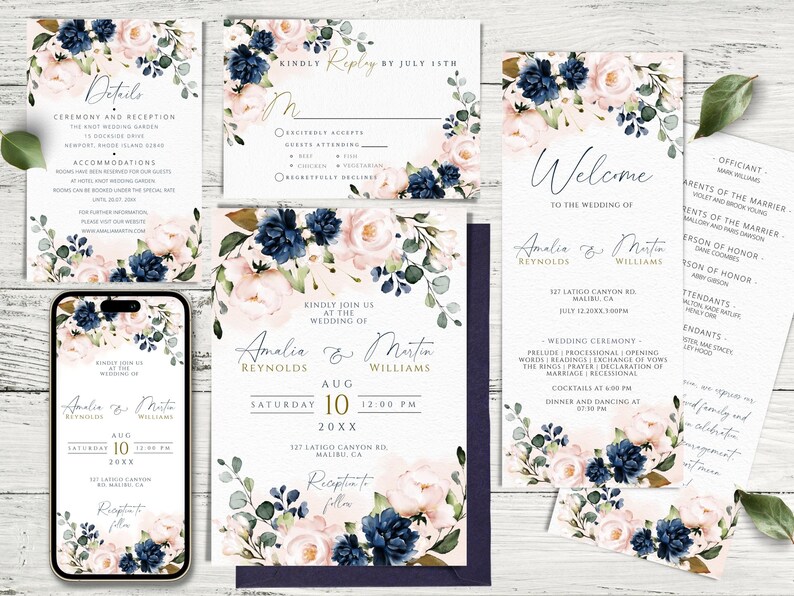 VIVIAN Blush Pink &amp; Blue Navy Wedding Invitation Template SET ...