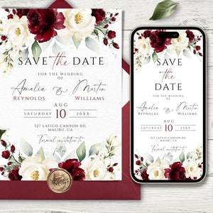 Chique Bourgondische en witte bloemen Save-the-Date bruiloft sjabloon, digitale en afdrukbare uitnodiging voor telefoons en printers, aanpasbaar ontwerp