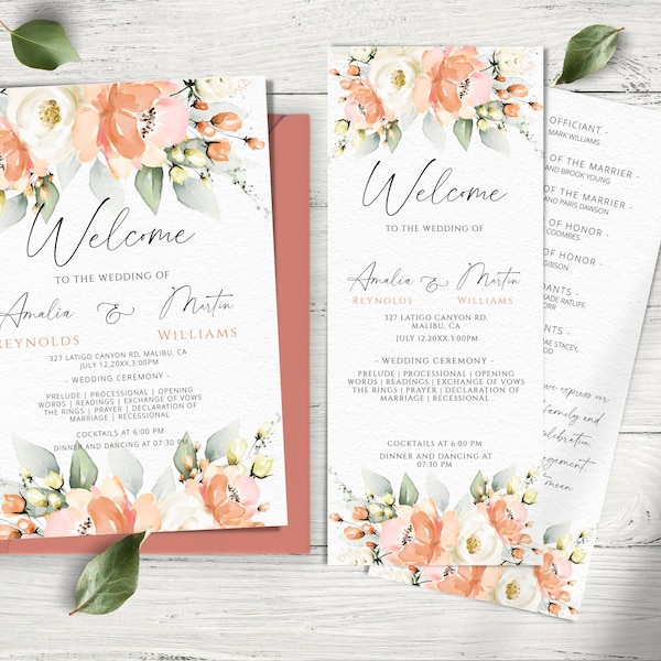 PEACH Elegance, Wedding Program Template, Floral Peach & White Wedding Program, INSTANT DOWNLOAD, Diy Editable, Printable Program Template.