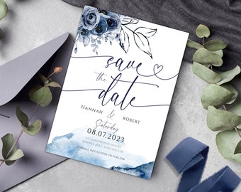 OCEAN - Blue Navy Save The Date Template, Printable Save the Date Digital Download,Wedding Save the Date Phone Template