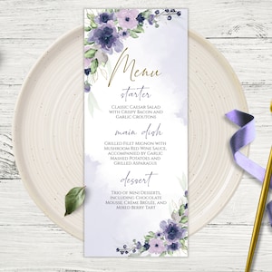Plantilla de menú de boda floral púrpura polvoriento, menú de boda imprimible y editable, descarga de menú de boda, menú de boda púrpura, descarga instantánea