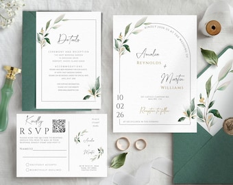Evergreen Wedding Invitation Template: Greenery and Gold (DIY Instant Download)