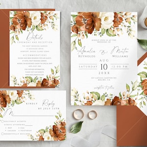 Terracotta Wedding Invitation Template Set, Editable Floral Wedding Invite Suite, Modern Burnt Orange Rose Elegant Invite SET, Details, RSVP
