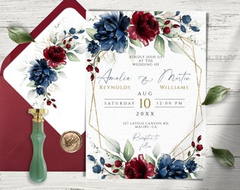 Burgundy Navy Floral Wedding Invitation Template: Geometric Gold Frame
