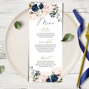 VIVIAN Blush Pink & Navy Blue Wedding Menu Template (Wedding, Bridal Shower, Dinner) Editable Soft Pink and Blue Navy, Floral Menu Download.