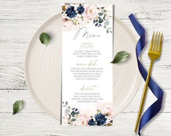 Blush Pink & Navy Floral Wedding Menu Template (Digital Download)