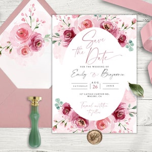 Dusty Pink Floral Wedding Save The Date Template (Digital Download)