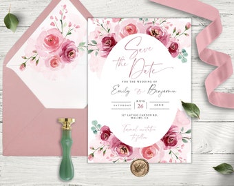 Dusty Pink Floral Wedding Save The Date Template (Digital Download)