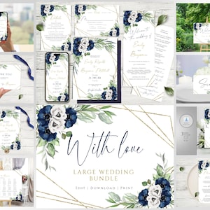 SERAPHIC Wedding Invitation Mega bundle, Blue Navy and White Floral Wedding Invites suite, Printable and Editable Invitation set Download