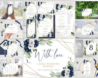 Navy Blue & White Floral Wedding Invitation Mega Bundle: Editable Printable Set (Download)