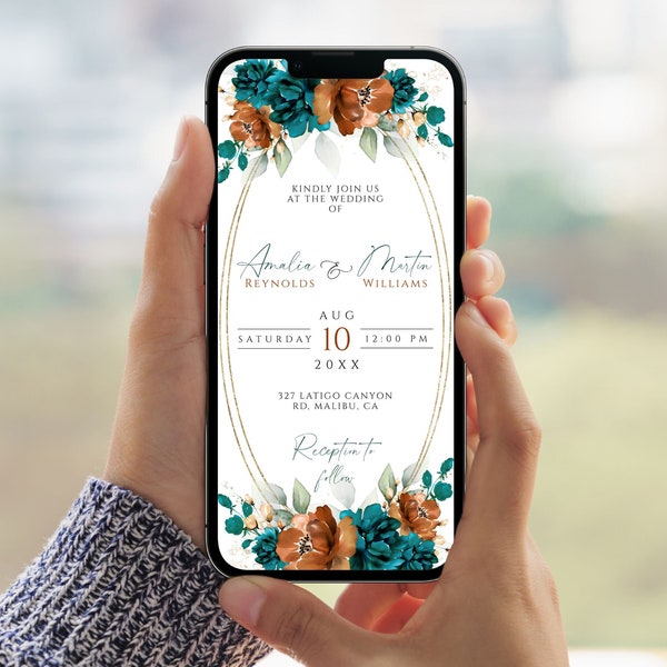 Wedding Electronic Invitation Template, Burnt Orange and Green Teal Wedding Evites, Editable Smartphone Terracotta & Teal Evites Template.