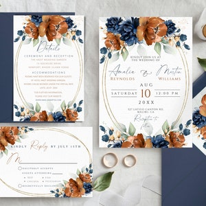 Hochzeitseinladungs-Set, gebranntes Orange und Marineblau laden ein, bearbeitbare und druckbare Terrakotta- und Marineeinladung, sofortiger Download lädt ein