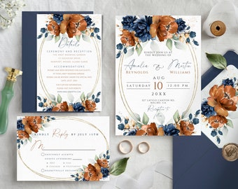 Wedding Invitation Set, Burnt Orange and Navy Blue Invite Set, Editable and Printable Terracotta & Navy Invitation, Instant Download Invites